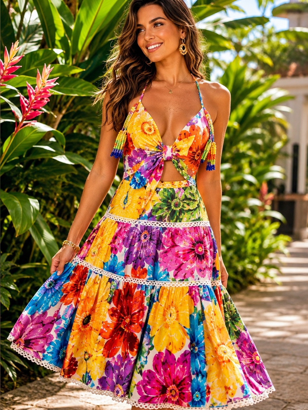 Farm Rio Rainbow Chita Flower Midi Dress NWT Halter Cutout Resort M